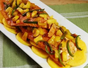 spicy maple glaved salmon over polenta