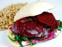 pickled beet spinach and goat cheese sandwich