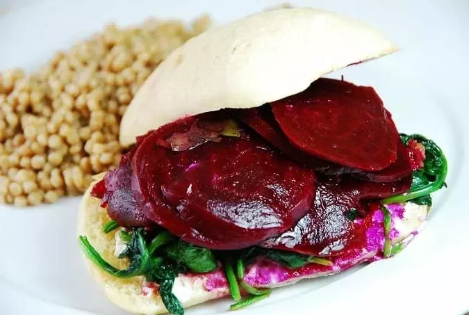 pickled beet spinach and goat cheese sandwich