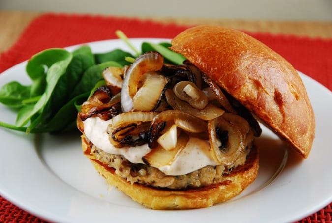 Quinoa Burgers with Caramelized Onions and Chipotle Lime Mayo 