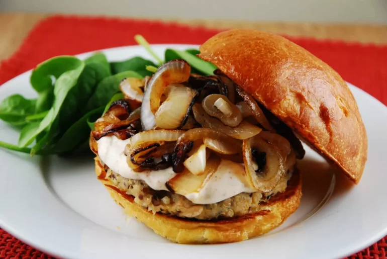 quinoa burger with caramelized onions 1