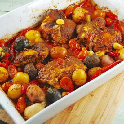 roasted middle eastern chicken with potatoes