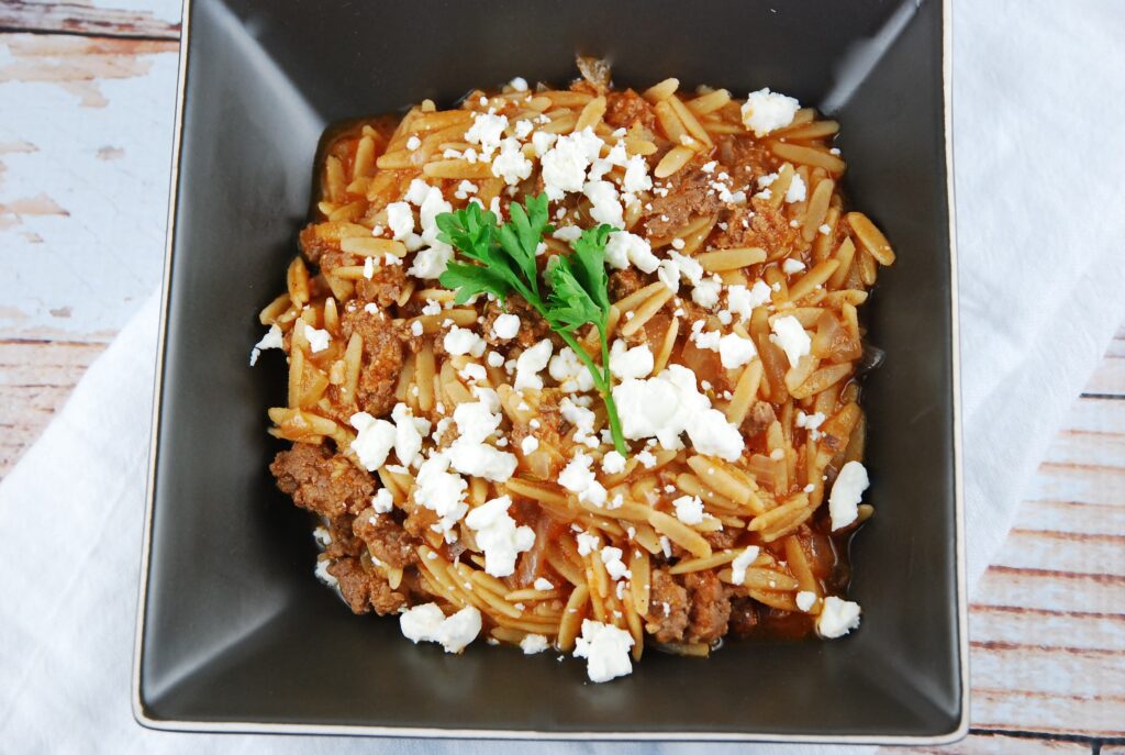 beef orzo with feta
