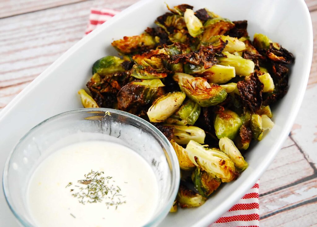 roasted brussel sprouts with lemon garlic dip