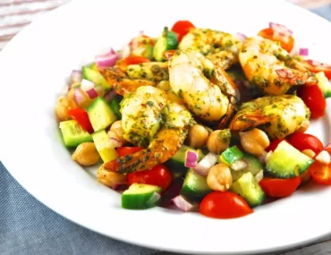 spiced shrimp over garbanzo bean salad