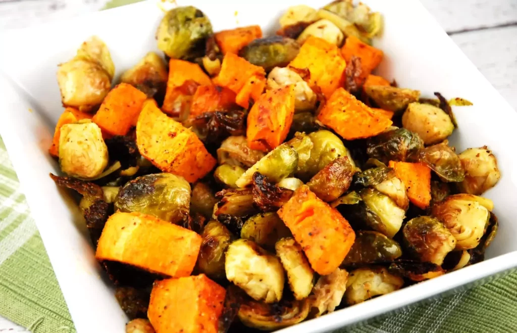 roasted brussel sprouts and sweet potatoes