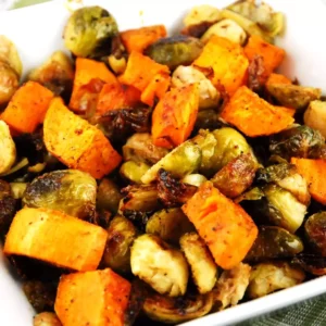 roasted brussel sprouts and sweet potatoes