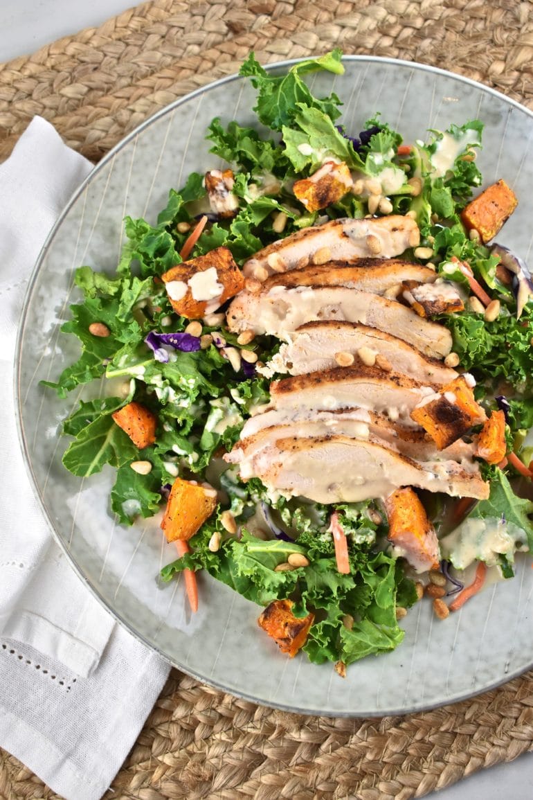 Grilled Chicken and Roasted Butternut Squash Salad with Tahini Dressing 