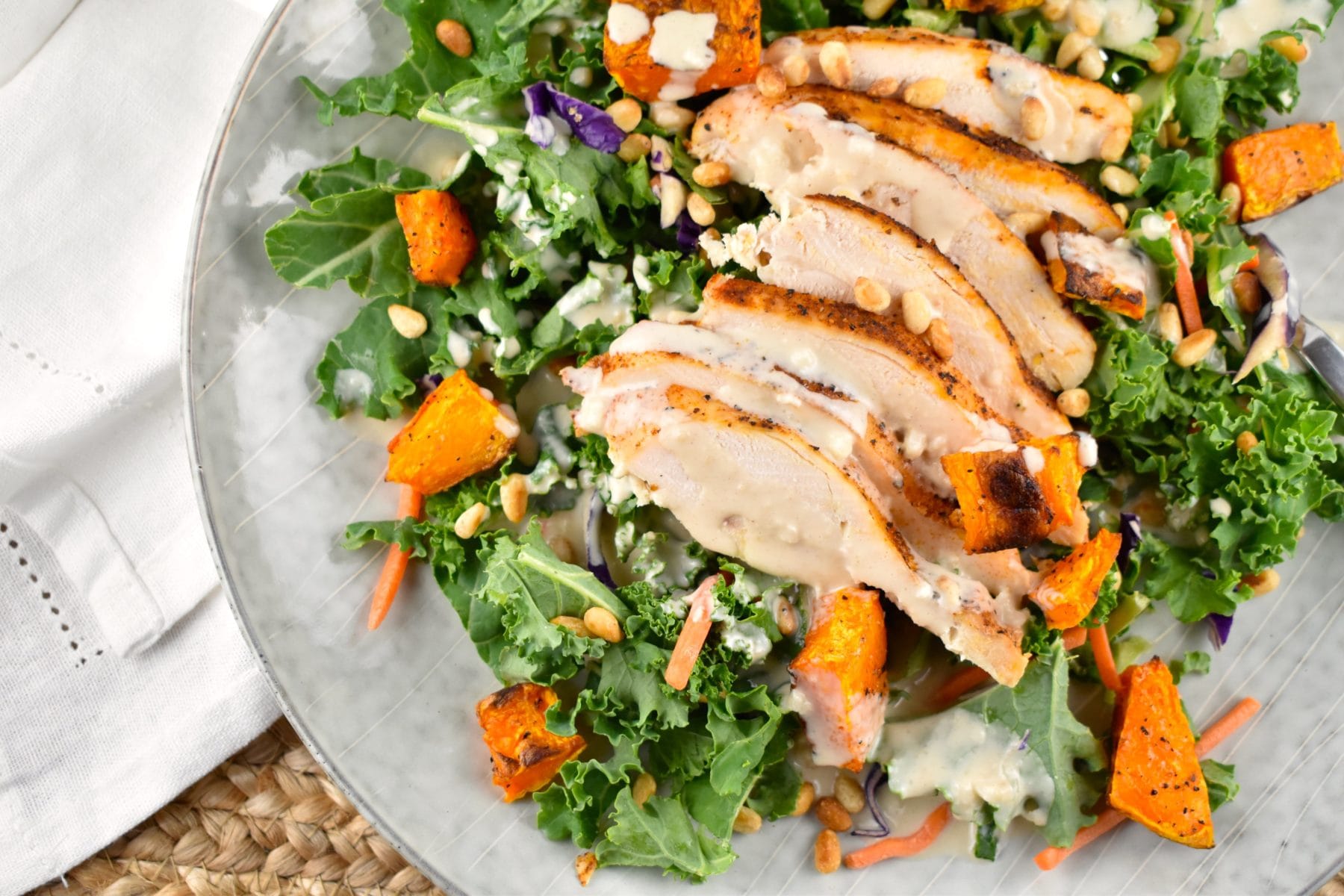 Grilled Chicken And Roasted Butternut Squash Salad With Tahini Dressing