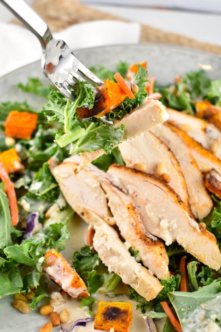 Grilled Chicken and Roasted Butternut Squash Salad with Tahini Dressing 