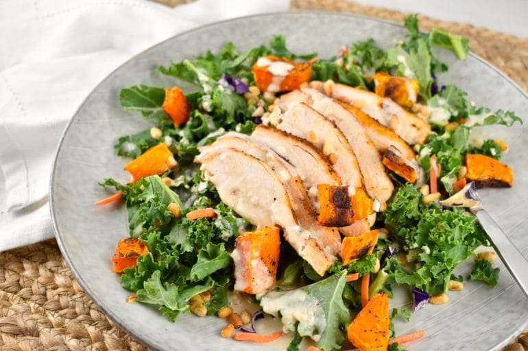 Grilled Chicken and Roasted Butternut Squash Salad with Tahini Dressing 