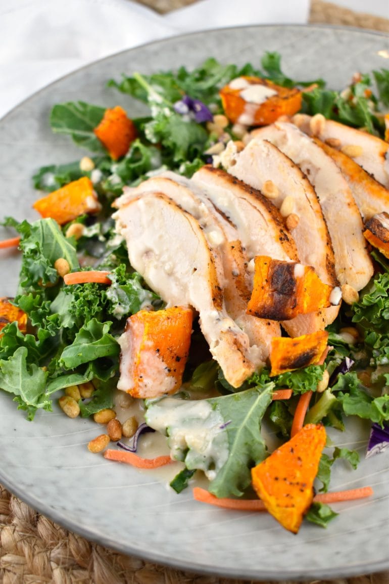 Grilled Chicken and Roasted Butternut Squash Salad with Tahini Dressing 