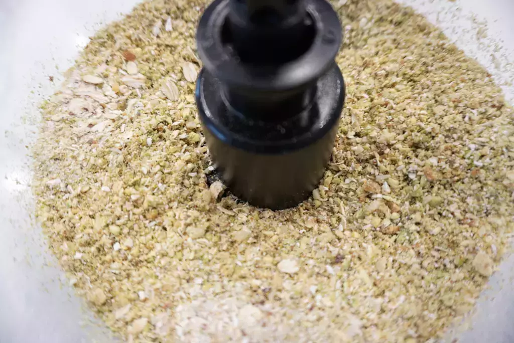 pistachio snack squares mixed in food processor